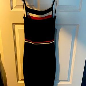 Black red and white mid length dress